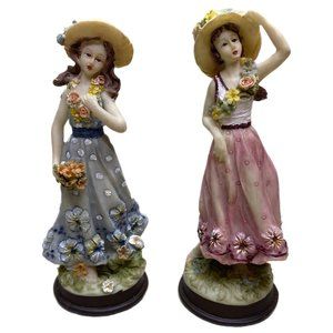 Vintage Original Artmark Two Figurines Young Ladies Wearing Hats & Flower Leis